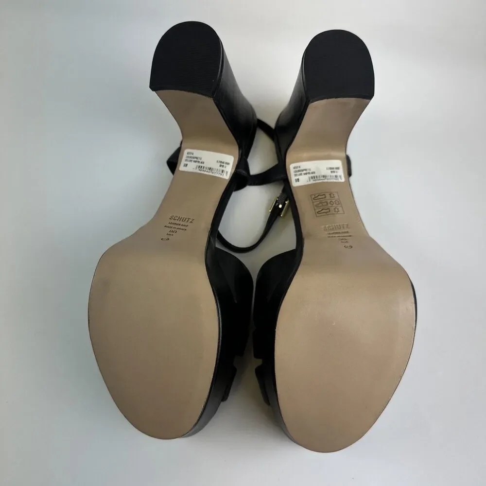 SCHUTZ Keffa Heel Sandal Black Leather Strappy Ankle Buckle High Block Heel 9